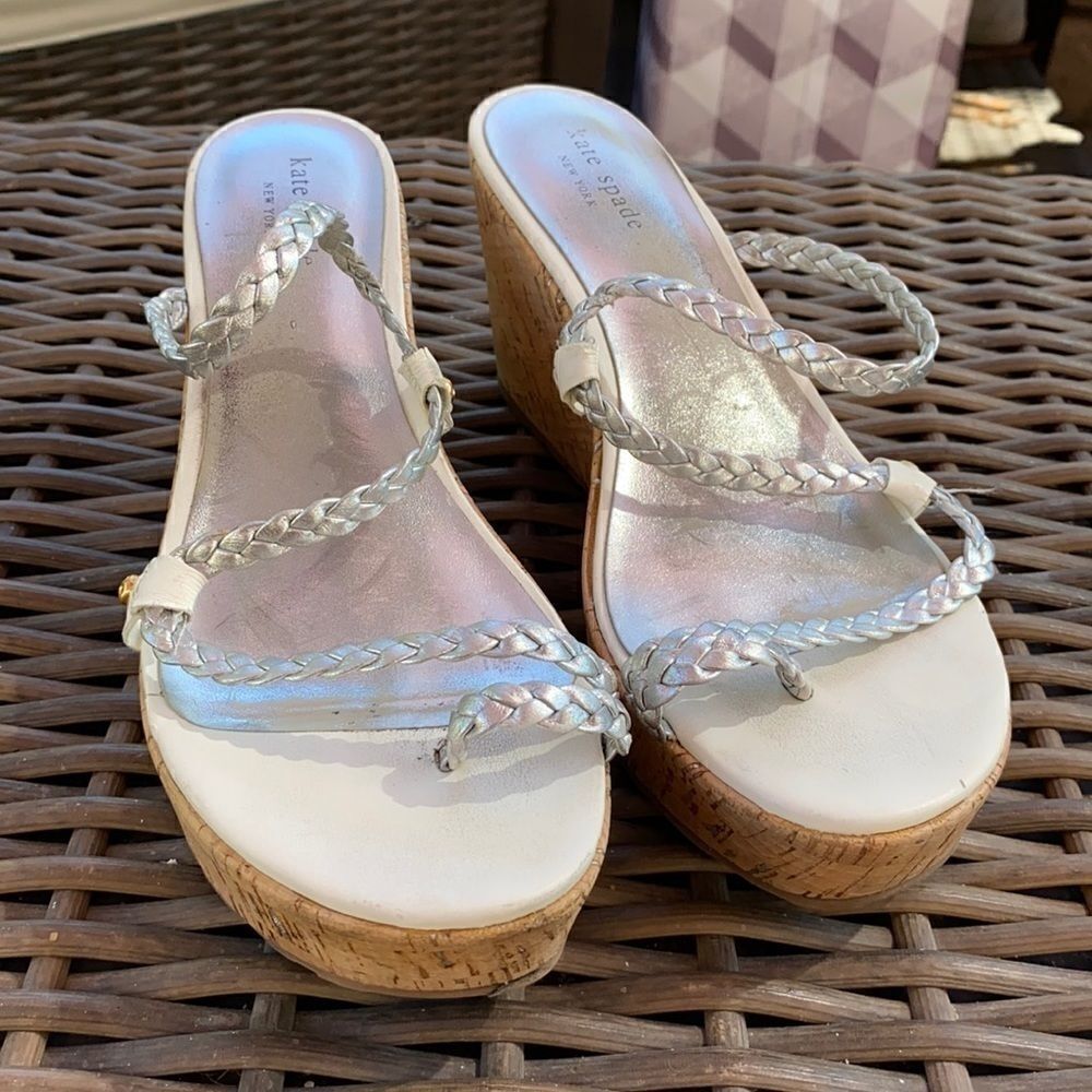 Kate Spade New York Silver Braided Strap Wedge SZ 9.5